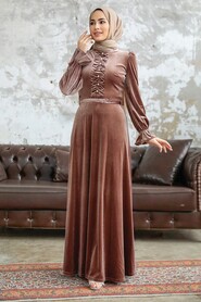Neva Style - Dark Mink Velvet Hijab Maxi Dress 37091KV - Thumbnail