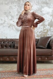 Neva Style - Dark Mink Velvet Hijab Maxi Dress 37091KV - Thumbnail
