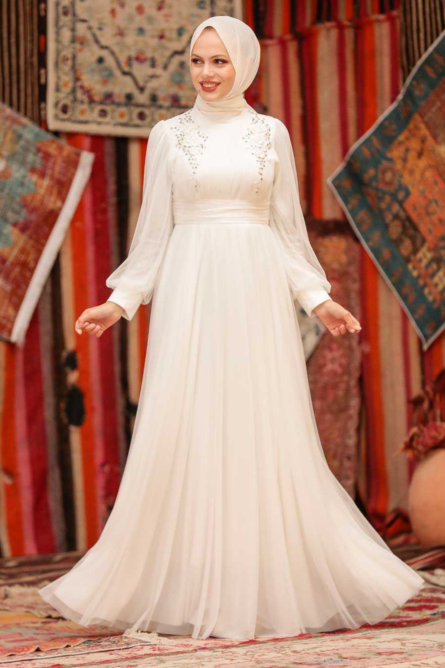 Neva Style - Ecru Hijab Turkish Modest Wedding Dress 22070E