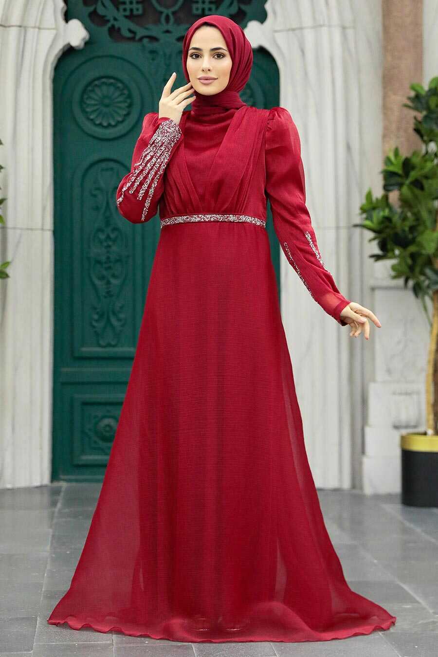 Neva Style - Elegant Claret Red Muslim Engagement Dress 25854BR