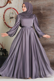 Neva Style - Elegant Dark Lila Islamic Clothing Evening Gown 5215KLILA - Thumbnail