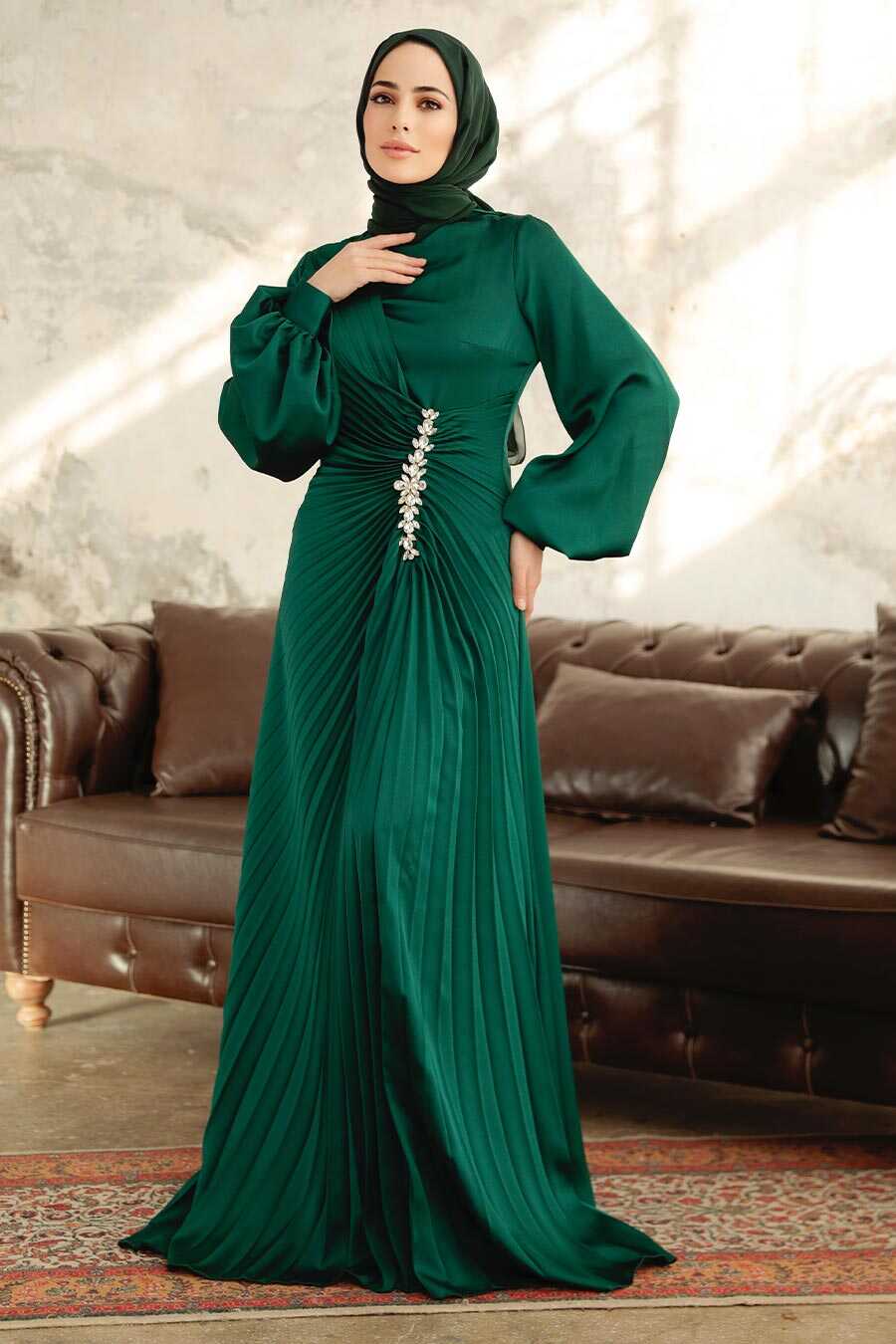 Neva Style - Elegant Emerald Green Islamic Bridesmaid Dress 3933ZY