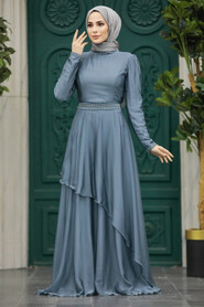Neva Style -Elegant Grey Muslim Fashion Evening Dress 22223GGR - Thumbnail