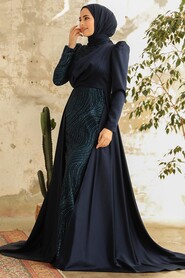 Neva Style - Elegant Navy Blue Islamic Clothing Evening Gown 22924L - Thumbnail