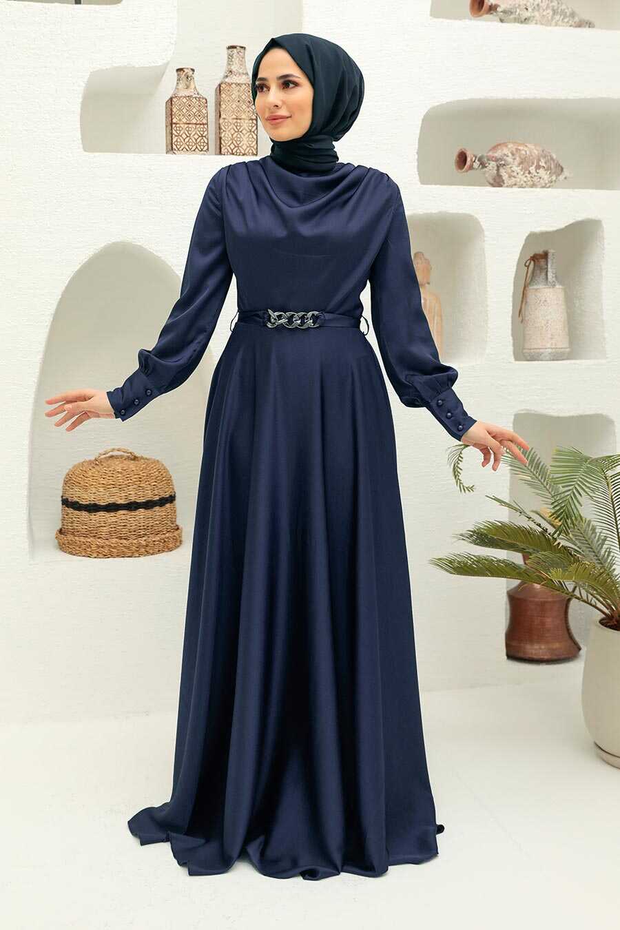 Neva Style - Elegant Navy Blue Muslim Engagement Dress 3460L