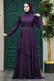 Neva Style -Elegant Plum Color Muslim Fashion Evening Dress 22223MU - Thumbnail