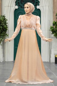 Neva Style - Elegant Salmon Pink Muslim Engagement Dress 25854SMN - Thumbnail