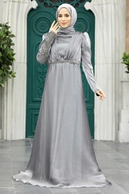 Neva Style - Elegant Smoke Color Muslim Engagement Dress 25854FU - Thumbnail