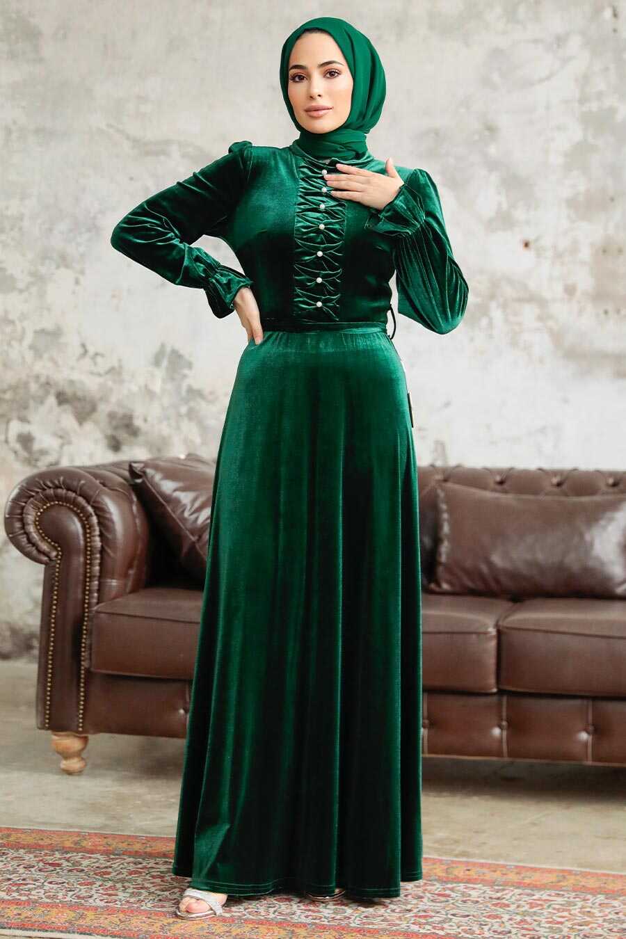 Neva Style - Emerald Green Velvet Hijab Maxi Dress 37091ZY