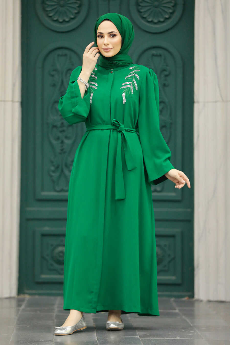 Neva Style - Green Long Sleeve Turkısh Abaya 8980Y