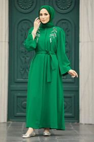 Neva Style - Green Long Sleeve Turkısh Abaya 8980Y - Thumbnail