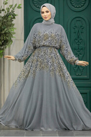 Neva Style - Grey Muslim Long Dress Style 39821GR - Thumbnail