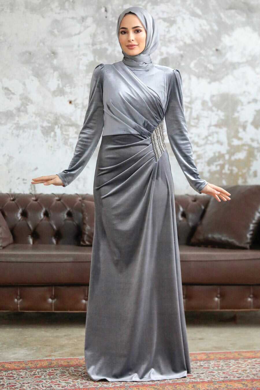 Neva Style - Grey Velvet Hijab Dress 36891GR