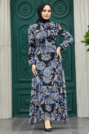 Neva Style - İndigo Blue Long Sleeve Dress 27950IM - Thumbnail