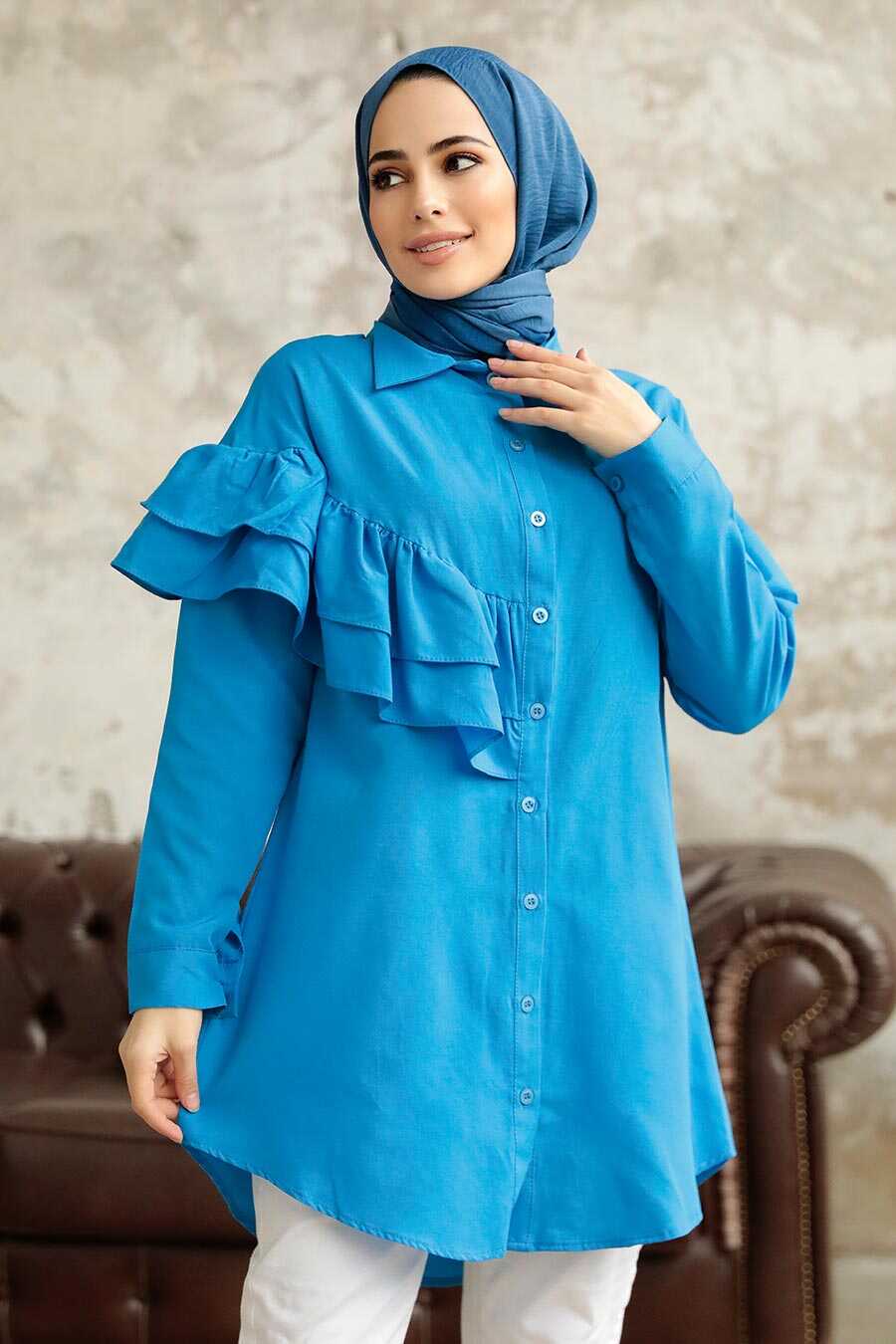 Neva Style - İndigo Blue Long Sleeve Tunic 11281IM