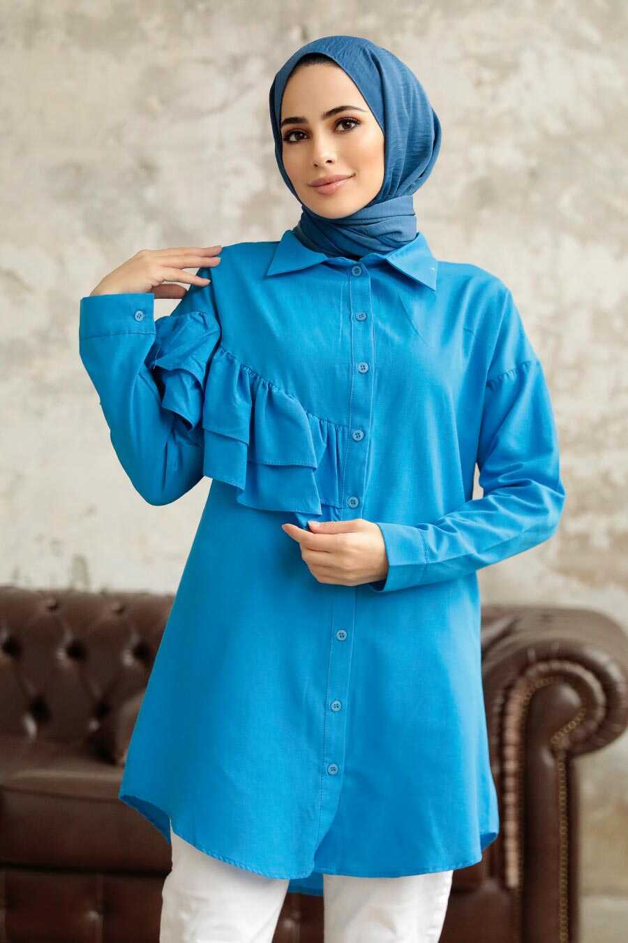 Neva Style - İndigo Blue Long Sleeve Tunic 11281IM