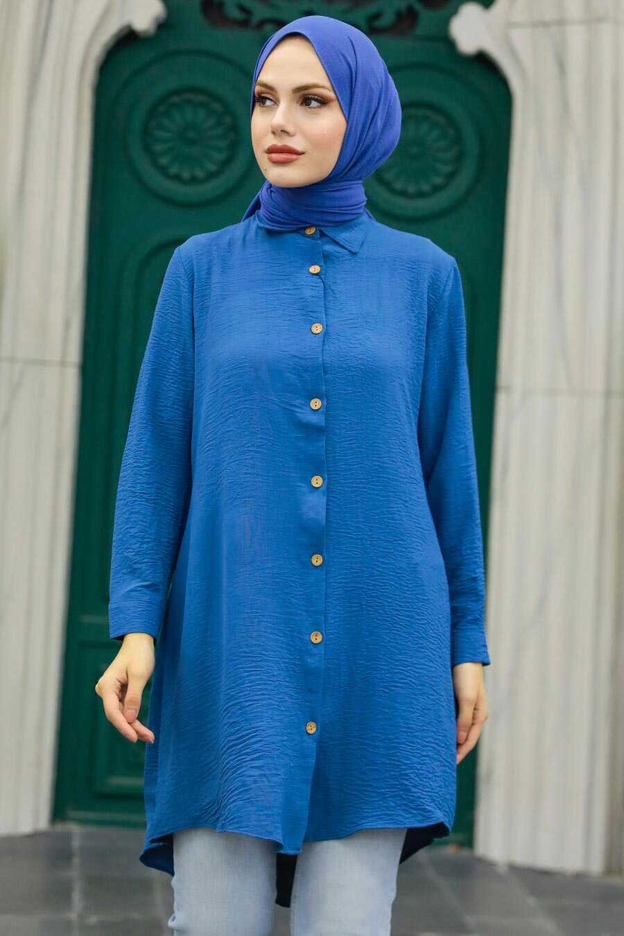 Neva Style - İndigo Blue Long Sleeve Tunic 1149IM