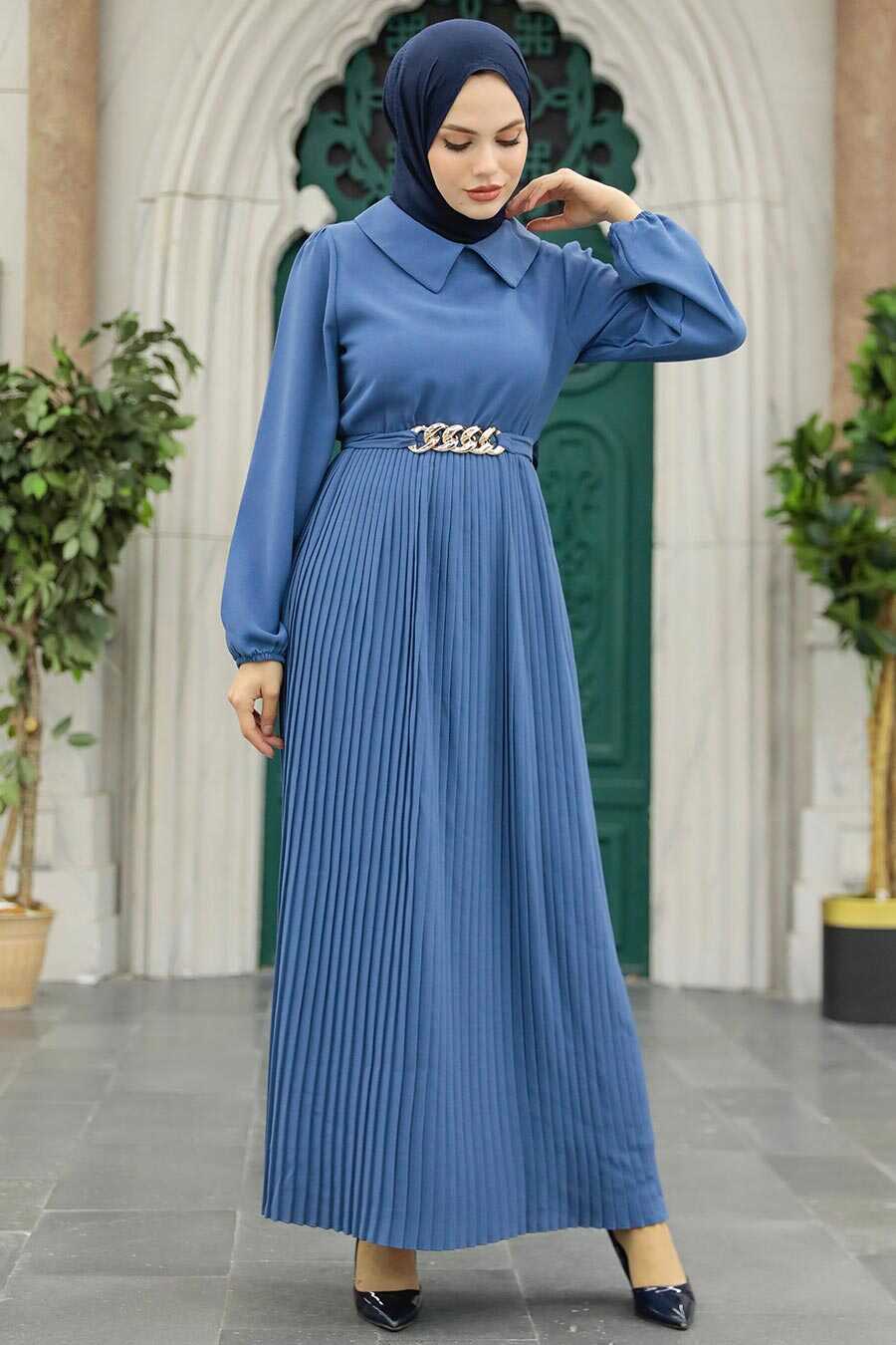 Neva Style - İndigo Blue Muslim Long Dress Style 34320IM