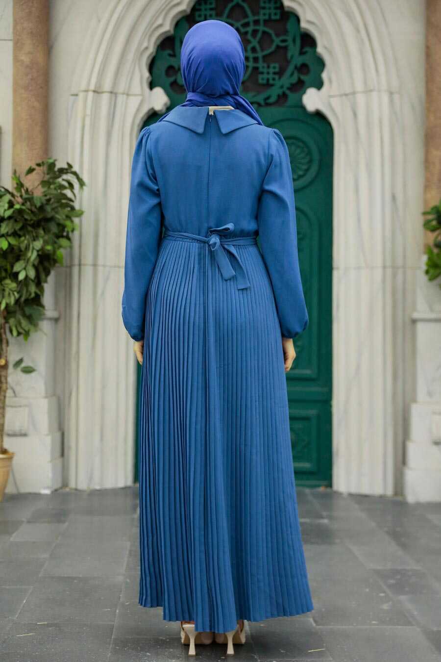 Neva Style - İndigo Blue Muslim Long Dress Style 34320IM
