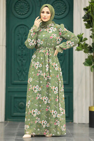 Neva Style - Khaki Hijab Dress 29711HK - Thumbnail