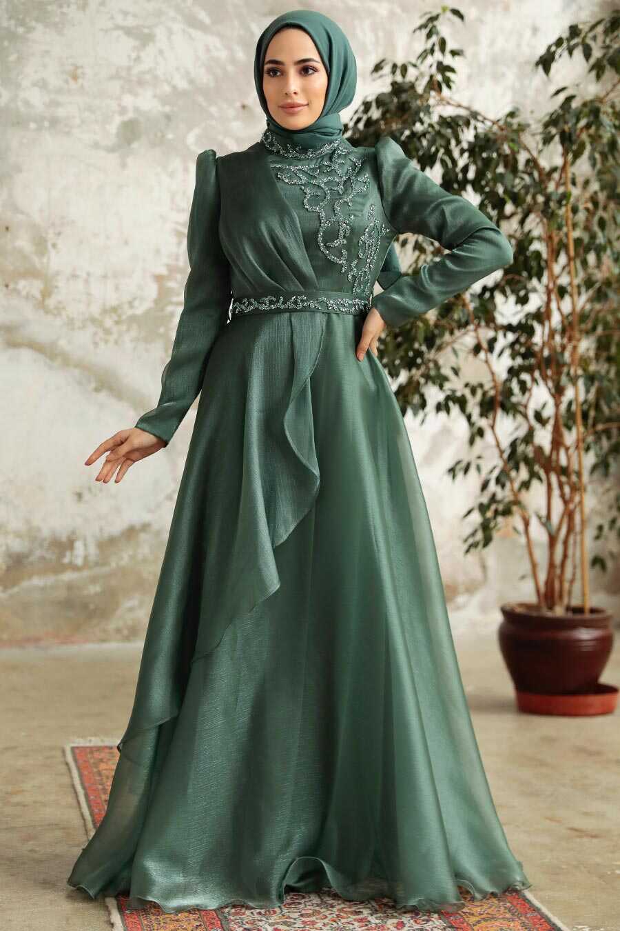 Neva Style - Long Almond Green Hijab Engagement Dress 3824CY