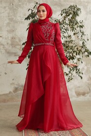 Neva Style - Long Claret Red Hijab Engagement Dress 3824BR - Thumbnail