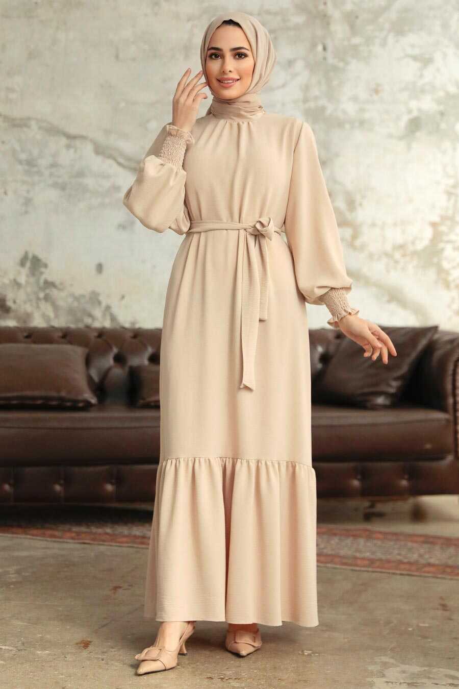 Neva Style - Long Crem Hijab Dress 5972KR