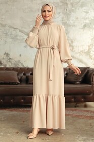 Neva Style - Long Crem Hijab Dress 5972KR - Thumbnail