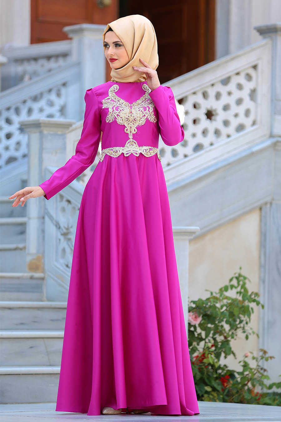 Neva Style - Long Fuchsia Islamic Long Sleeve Dress 2694F
