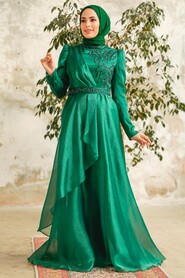 Neva Style - Long Green Hijab Engagement Dress 3824Y - Thumbnail