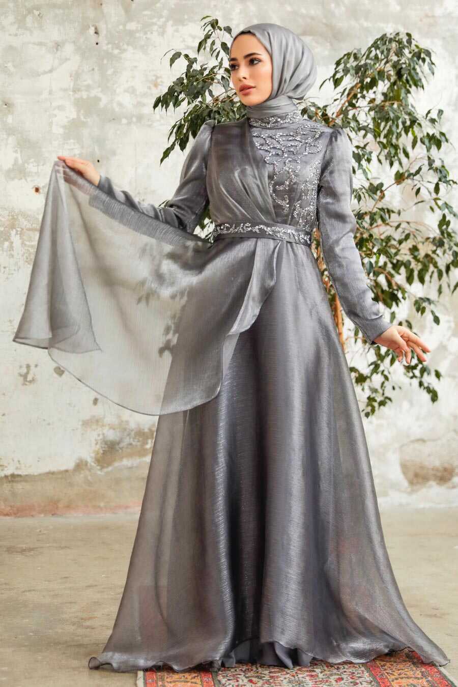 Neva Style - Long Grey Hijab Engagement Dress 3824GR