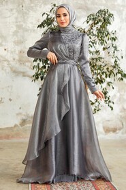 Neva Style - Long Grey Hijab Engagement Dress 3824GR - Thumbnail