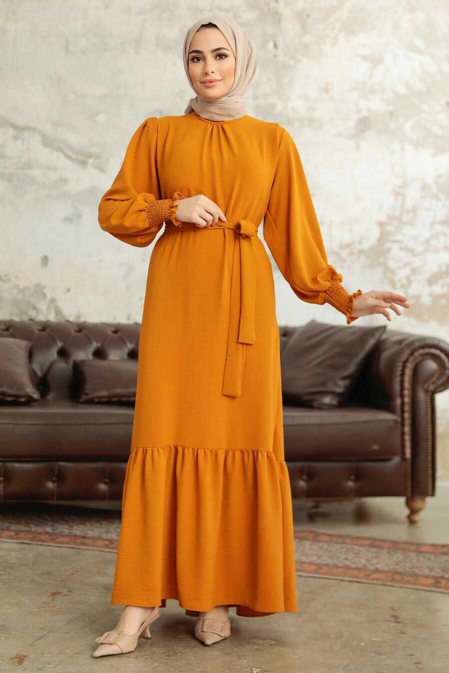 Neva Style - Long Mustard Hijab Dress 5972HR