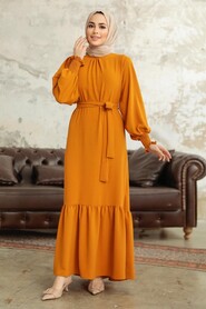 Neva Style - Long Mustard Hijab Dress 5972HR - Thumbnail