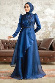 Neva Style - Long Navy Blue Hijab Engagement Dress 3824L - Thumbnail