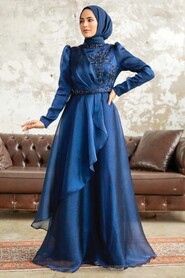 Neva Style - Long Navy Blue Hijab Engagement Dress 3824L - Thumbnail
