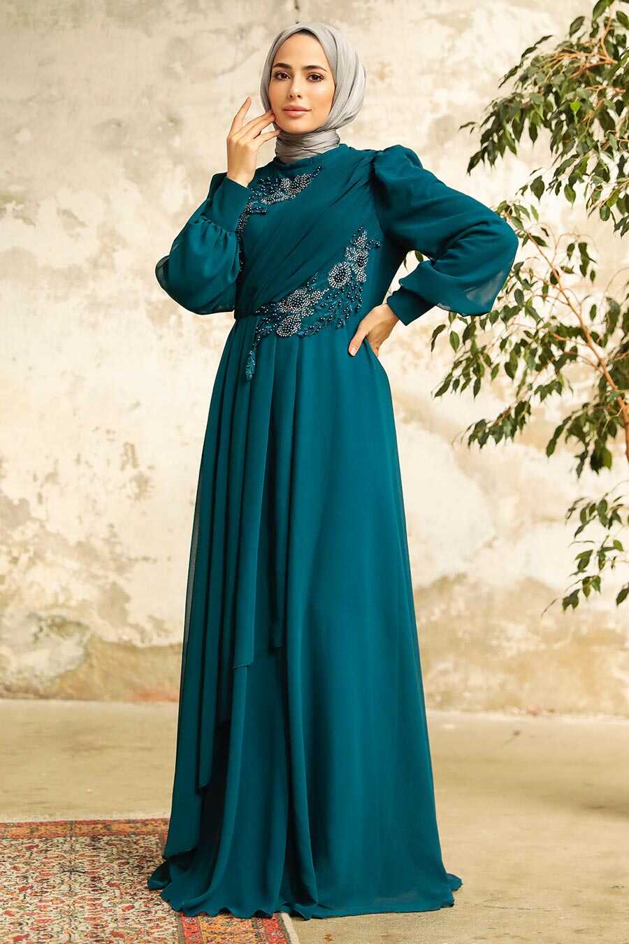 Neva Style - Long Petrol Blue Muslim Women Clothing Prom Dress 25838PM