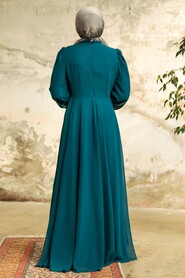 Neva Style - Long Petrol Blue Muslim Women Clothing Prom Dress 25838PM - Thumbnail