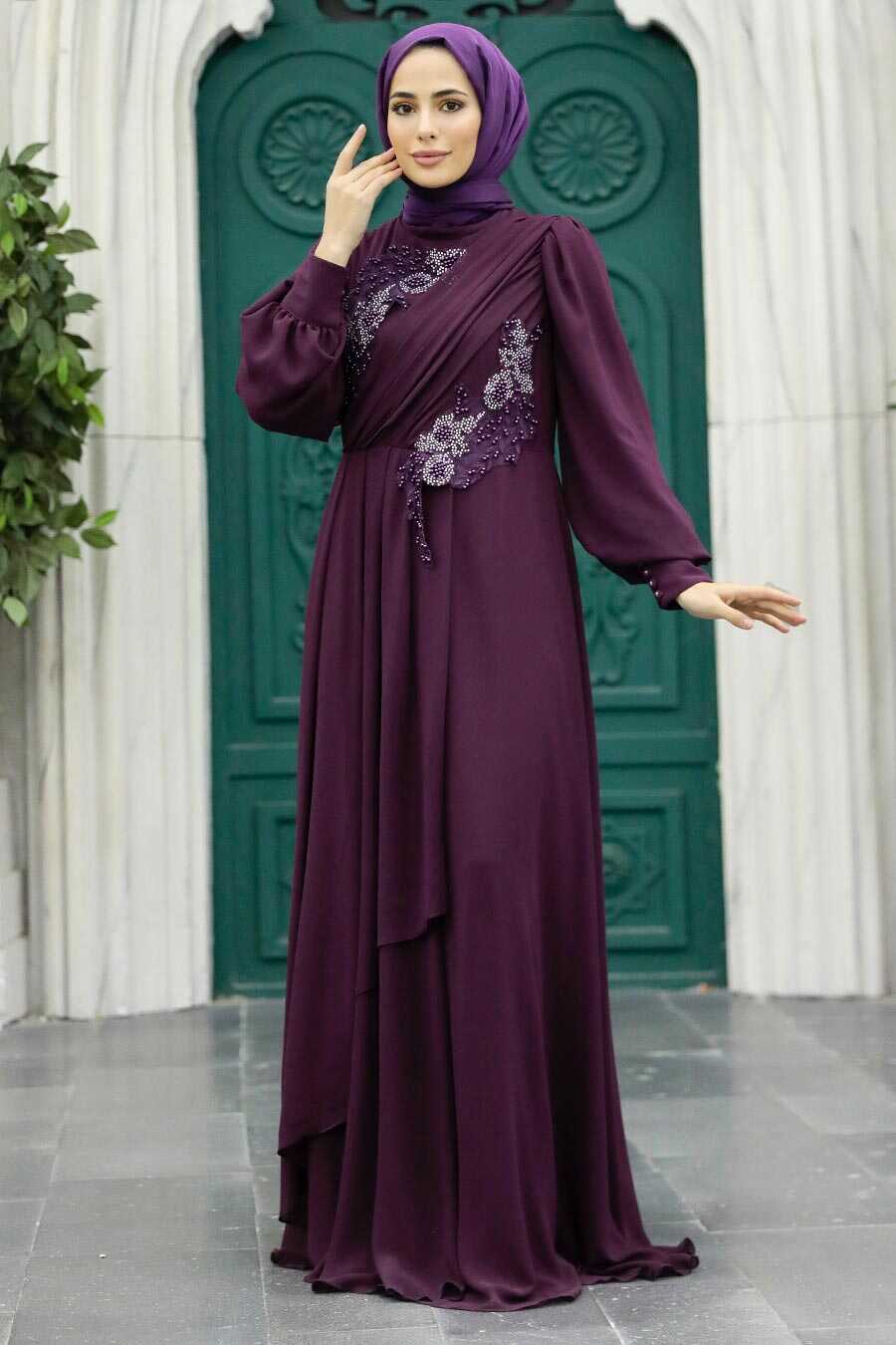 Neva Style - Long Plum Color Hijab Prom Dress 25838MU