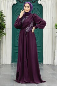 Neva Style - Long Plum Color Hijab Prom Dress 25838MU - Thumbnail