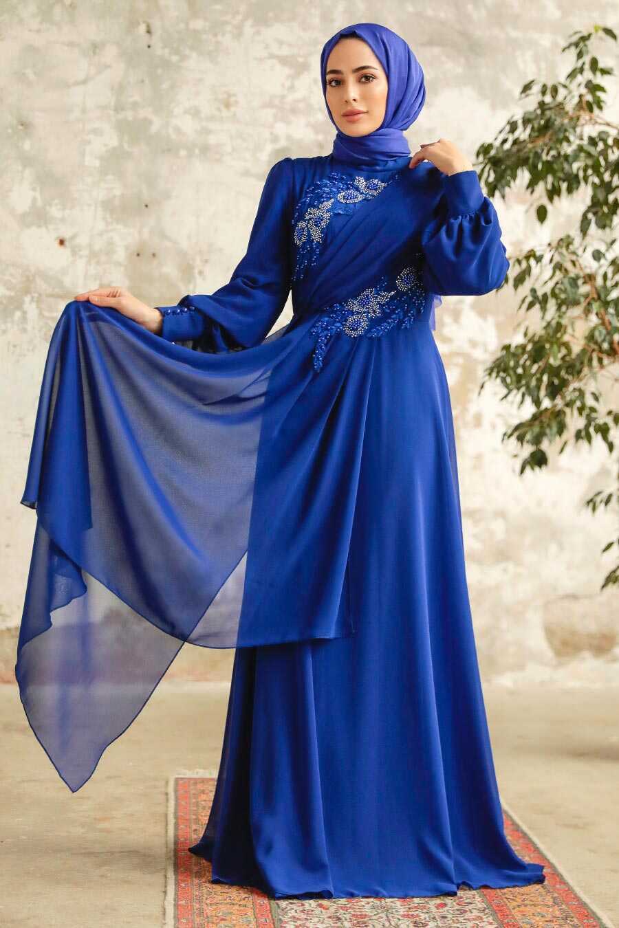 Neva Style - Long Sax Blue Hijab Prom Dress 25838SX