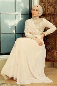 Neva Style - Long Sleeve Beige Muslim Bridal Dress 5793BEJ - Thumbnail