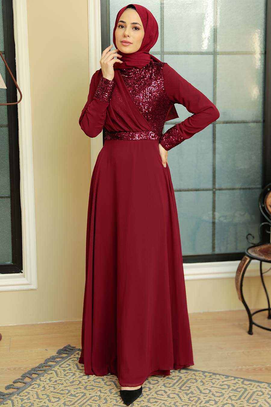 Neva Style - Long Sleeve Claret Red Muslim Bridal Dress 5793BR