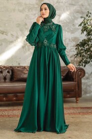 Neva Style - Long Sleeve Green Muslim Evening Dress 25822Y - Thumbnail