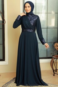 Neva Style - Long Sleeve Navy Blue Muslim Bridal Dress 5793L - Thumbnail