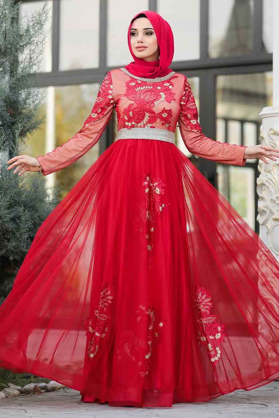 Neva Style - Long Sleeve Red Hijab Evening Dress 2757K