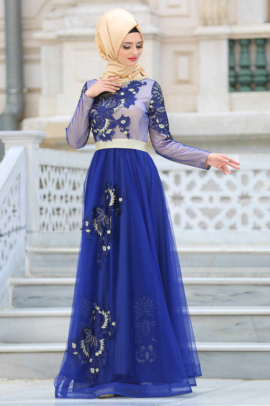 Neva Style - Long Sleeve Sax Blue Hijab Evening Dress 2757SX
