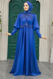 Neva Style - Long Sleeve Sax Blue Muslim Evening Dress 25822SX - Thumbnail