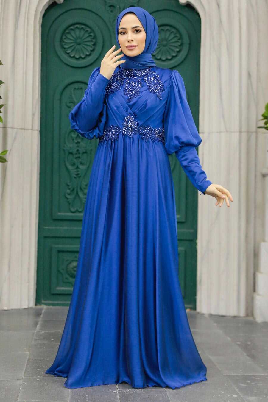 Neva Style - Long Sleeve Sax Blue Muslim Evening Dress 25822SX