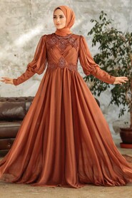 Neva Style - Long Sleeve Sunuff Colored Muslim Evening Dress 25822TB - Thumbnail